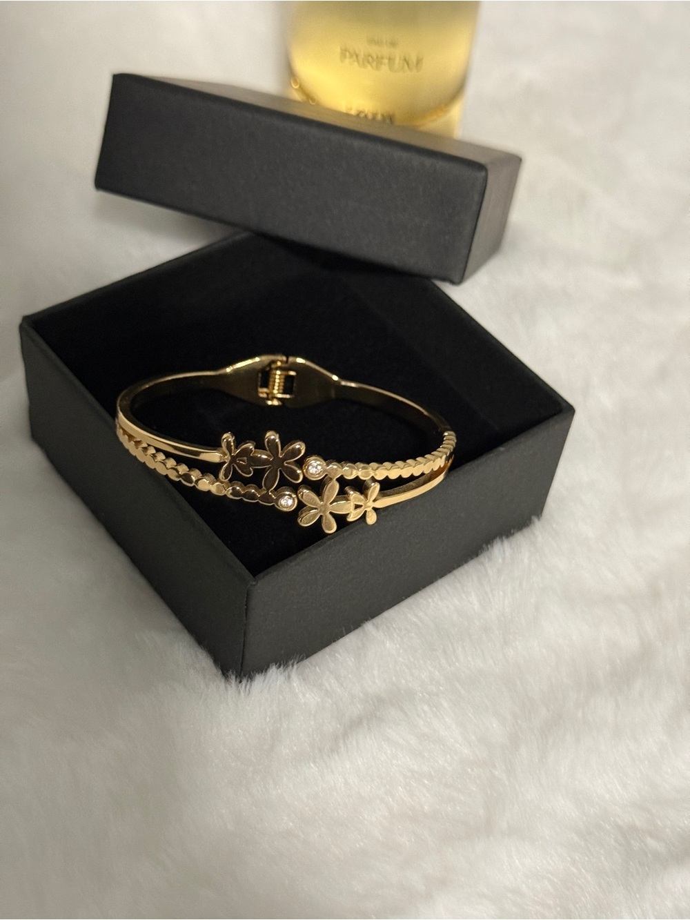 Gold Floral Crystal Bangle Bracelet - Women's Jewelry